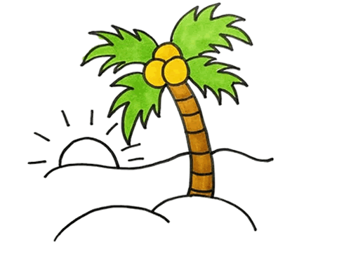 大海沙滩椰子树绘画图片